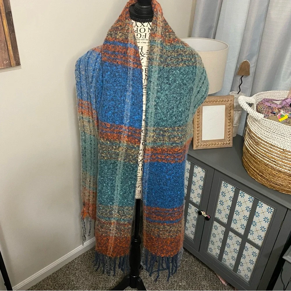 746 ruggine Colorful Plaid Knit blanket Scarf fringe rainbow plush